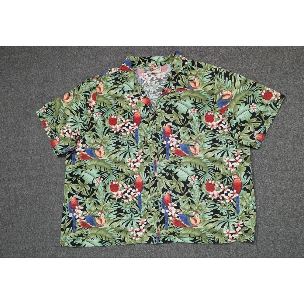 Vtg Hilo Hattie Shirt Mens 3X Hawaiian Green Aloha Parrot Print Made in Hawaii